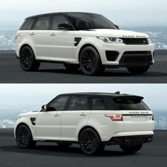 two different views of a white range rover