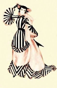 a drawing of a woman in black and white striped dress with an umbrella on her head