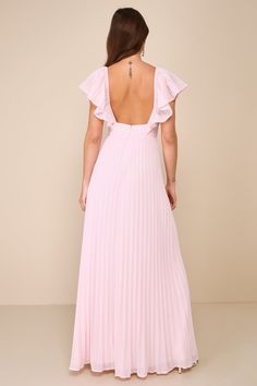 You'll stun all evening in a look that's ""maid"" to impressâ€”the Lulus Ideal Occasion Pink Pleated Flutter Sleeve Backless Maxi Dress! Lightweight accordion-pleated chiffon shapes short flutter sleeves with elastic at the shoulders. V-neckline tops a flattering bodice with an open back and a banded waist. Skirt has an A-line silhouette and falls to a maxi hem Hidden zipper/clasp at the back. Fit: This garment fits true to size. Length: Floor length. Size medium measures 54.5" from shoulder to Light Pink Dress Formal Long, Baby Pink Maxi Dress, Tulle Pink Dress, Pastel Colour Bridesmaid Dresses, Light Pink Long Dress, Wedding Guest Dress Black Tie, Pink Wedding Guest Dress, Pastel Pink Bridesmaid Dresses, Pastel Maxi Dress