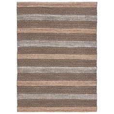 a brown and white rug with stripes on the bottom, in front of a white background