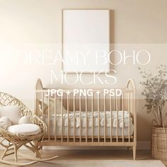 a baby's room with a rocking chair, crib and poster on the wall