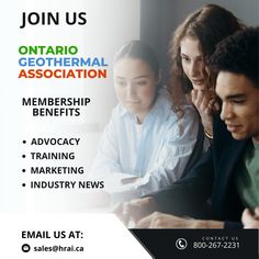 an advertisement for the ontario geotherinal association, featuring two people working on laptops