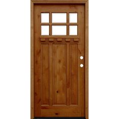 a wooden door with glass panels on the front and side paneled in light wood