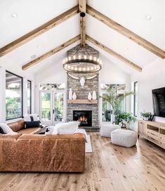 a living room filled with furniture and a fire place in the middle of a room