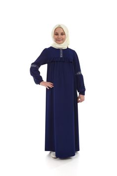 Havvanur Model Kids Hijab Dress Color: Navy Blue Fabric Feature: It is made of crepe (cotton) fabric. It can be used in 4 seasons. Product Features: Our Havvanur children's hijab model is produced with crepe (cotton) fabric. It has a hidden button in the front and a yoke. It has embroidery on the sleeves and front. The handle is rubber. Note: This product is Navy Blue in color. If you are looking for a different color, visit our Etys store. https://www.etsy.com/shop/MevlanaKidsAbaya?section_id=3 Girls Eid Dress, Khimar Niqab, Habits Musulmans, Eid Dress, Muslim Kids, Eid Dresses, Navy Blue Fabric, Islamic Clothing, Childrens Dress