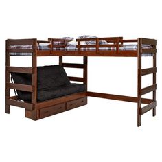 a twin bunk bed with two drawers underneath it