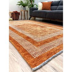 an orange and white area rug in a living room with a couch, coffee table and potted plant