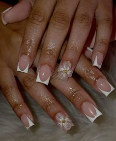 Bday Short Nails Ideas, 3d Gel Flower Nails Square, White Nail Designs Short Square, Flower On Nails Acrylic, Senior Portraits Nails, Short French Design Nails, Short Nails For Graduation, 3d Flower Nails Short Square, 3d Nail Designs Square