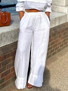 White Linen Pants Outfit Dressy, Linen Wide Leg Pants Outfits, Lake Trip Outfits, Pants Outfit Dressy, Ship Outfits, All White Outfits, Fall Festival Outfit, Plain Midi Dress, White Attire