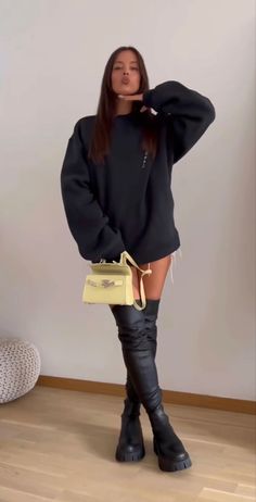 Winter Thigh High Boots Outfit, Long Knee High Boots Outfits, Long Black Boots Outfit Jeans, Chunky Thigh High Boots Outfit, Thigh High Leather Boots Outfit, Thigh High Flat Boots Outfit, Long Combat Boots Outfit, Thigh High Combat Boots Outfit, Casual Knee High Boots Outfit