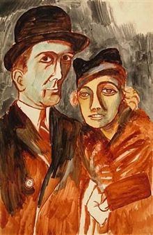 a painting of two people standing next to each other with one holding the other's head