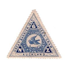 a blue and white triangle stamp with an image of a rabbit on it's side