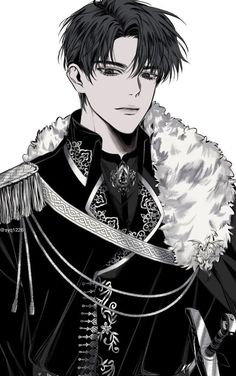 an anime character with black hair and white fur collar, holding his arm around the shoulder