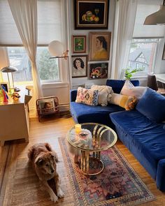 a living room filled with furniture and a dog laying on the floor next to it