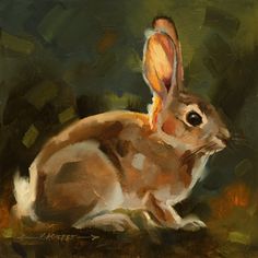 an oil painting of a rabbit sitting on the ground in front of a green background