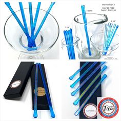 blue straws are in a clear glass bowl