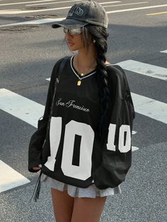 Women's New V-Neck Casual Sports Graphic & Letter Patchwork Oversized Loose Long Sleeve T-Shirt, Black Black Casual  Long Sleeve Knitted Fabric Geometric,Letter,Striped  Medium Stretch  Women Clothing, size features are:Bust: ,Length: ,Sleeve Length: Hmn Alns Clothing, Modern Streetwear Women, Jerseys Outfits Women, Sports Shirts Women, Streetwear Tops Women, Y2k Girly Fashion, West Coast Fashion Women, Oversized Cute Outfits, Oversized Shirts Outfit