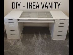 a white desk with drawers and the words diy - ikea vanity