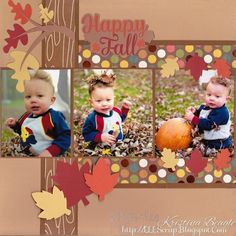 a scrapbook page with three photos of babies in fall colors and leaves on it