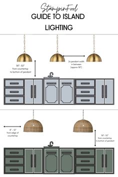 a diagram showing the different types of lights and fixtures for a kitchen island with cabinets