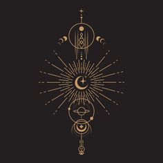 the sun, moon and stars are arranged in an ornate pattern on a black background