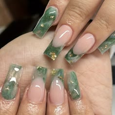 Faster shipping. Better service Summer Gel Nails Green, Gold Nails Ballerina, Green Nails Medium Length, Green Summer Nails 2024, Nails Acrylic Emerald Green, Green Prom Nails Acrylic, Acrylic Nails With Foil, Dark Green Acrylics, Nail Ideas Medium Length