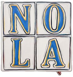 the word nola spelled with blue and yellow letters