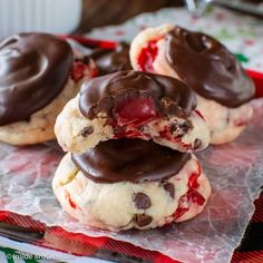 chocolate covered cookies are stacked on top of each other