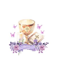 a watercolor painting of a chalicer, candles and flowers with butterflies around it