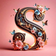 the letter s is made up of flowers and butterflies on a pink background with gold accents