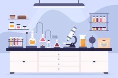 an illustration of laboratory equipment on a table with shelves in the background and hanging lights above them