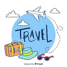 an airplane flying over luggage and the word travel