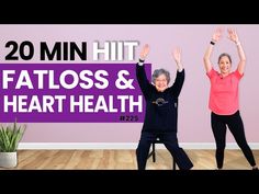 two women doing yoga exercises with the words 20 min hit fatloss and heart health