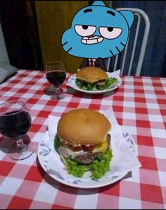 a cartoon character sitting at a table with two hamburgers