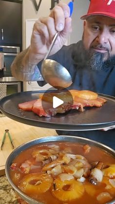 a man is eating some food on two plates with spoons in front of him