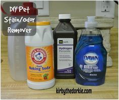 several different types of cleaning products on a counter top with text overlay that reads diy pet stain / odor remover