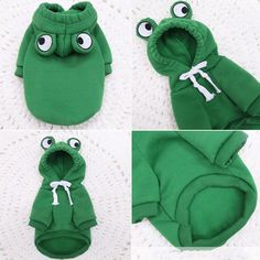 four pictures of a green frog hoodie with googly eyes