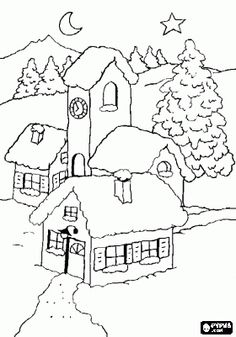 a drawing of a house with trees and mountains in the background, outlined in black and white