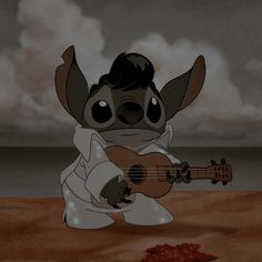 a baby grooter is playing the guitar in front of an image of a dead animal