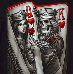 a couple of skeleton playing cards with red roses on it's sleeves and hands