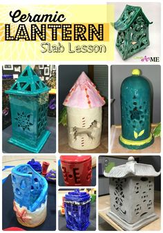 ceramic lanterns are shown in different colors and sizes