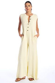 The AKIRA Label Just Loungin Knit Jumpsuit is the perfect piece for a lazy Sunday. Crafted from a super soft n’ stretchy knit fabrication, this sleeveless jumpsuit features a relaxed fit with ultra-wide pantlegs, a crew neckline with a button down front closure, and slant side pockets. Wear it around the house with your favorite slippers or pair it with sandals and hit the farmers market.   - 100% Cotton - Super Stretchy - Imported  (all measurements approximate from a size small)  - 58” Shoulder to Hem - 17” Shoulder to Shoulder - 29” Inseam - Model is 5'9" Product ID: 429102 (Cream) Product ID: 429135 (Green) Unique Clothes, All White Party, White Accessories, Knit Jumpsuit, Wide Calf Boots, Lazy Sunday, How To Stretch Boots, White Party, Sleeveless Jumpsuits