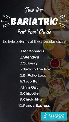 Eating on the run is sometimes unavoidable and can quickly become a problem for bariatric patients. Save this guide for future use to pick the healthiest options when eating out. Soft Foods For Bariatric Patients, Bariatric Shopping List Walmart, Bariatric Friendly Family Meals, Bariatric Eating Out, Bariatric Friendly Restaurants, Bariatric Friendly Fast Food, Soft Bariatric Recipes, Post Bariatric Bypass Surgery Diet, Bariatric Reset Diet