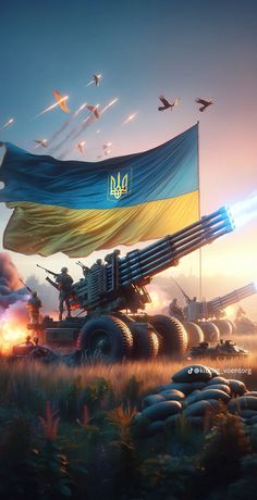 the russian flag is flying over an army truck with missiles in it's back