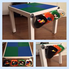 the table is made out of legos and has two buckets on each side