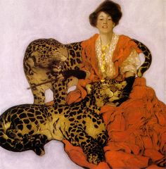 a painting of a woman sitting on top of a leopard