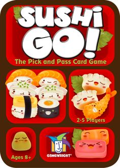 sushi go game in a wooden box with pictures on the front and back cover