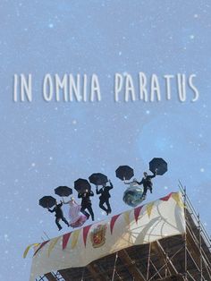 there are people holding umbrellas on top of a building with the words in omnia paratus above them