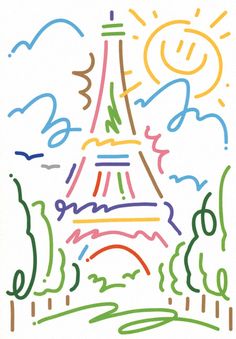 a drawing of the eiffel tower with colored lines on it's side