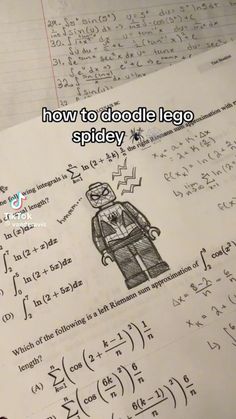 some paper with drawings on it and the words how to doodle lego spider